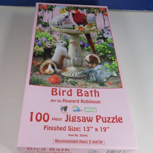 Bird Bath Jigsaw 100 pc Puzzle spring animals (all pieces, thick, good cond.) - Picture 1 of 5